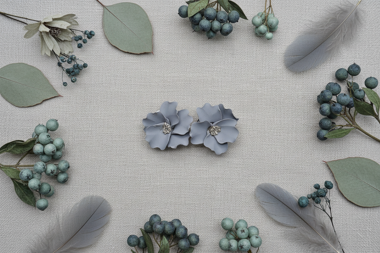 Autumn Petal Studs in Vapor Blue flat lay with silver eucalyptus and frosted winter berries on pale grey linen, handmade polymer clay earrings from Crafty Larder's Harvest & Dusk Collection