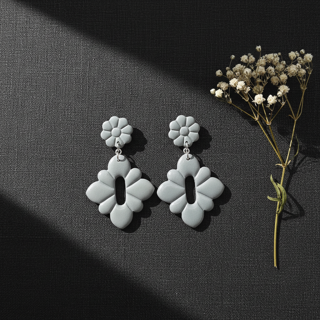 Flat lay of Crafty Larder Gerbera Drop Earrings in Vapor Blue on a dark moody surface with dried botanicals — handmade polymer clay dangle earrings in soft cool grey-blue