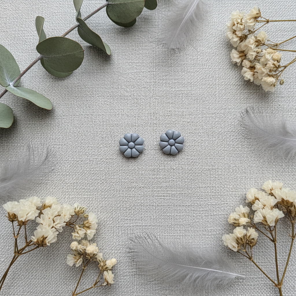 Dahlia Studs in Vapor Blue flat lay with silver eucalyptus and pale dried flowers on cool linen, handmade polymer clay earrings from Crafty Larder's Harvest & Dusk Collection