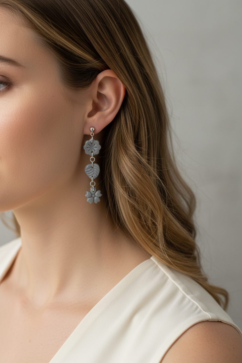 Model wearing Crafty Larder Botanical Trio Earrings in Vapor Blue — handmade polymer clay three-tier botanical drop earrings showing full length against neck and collarbone