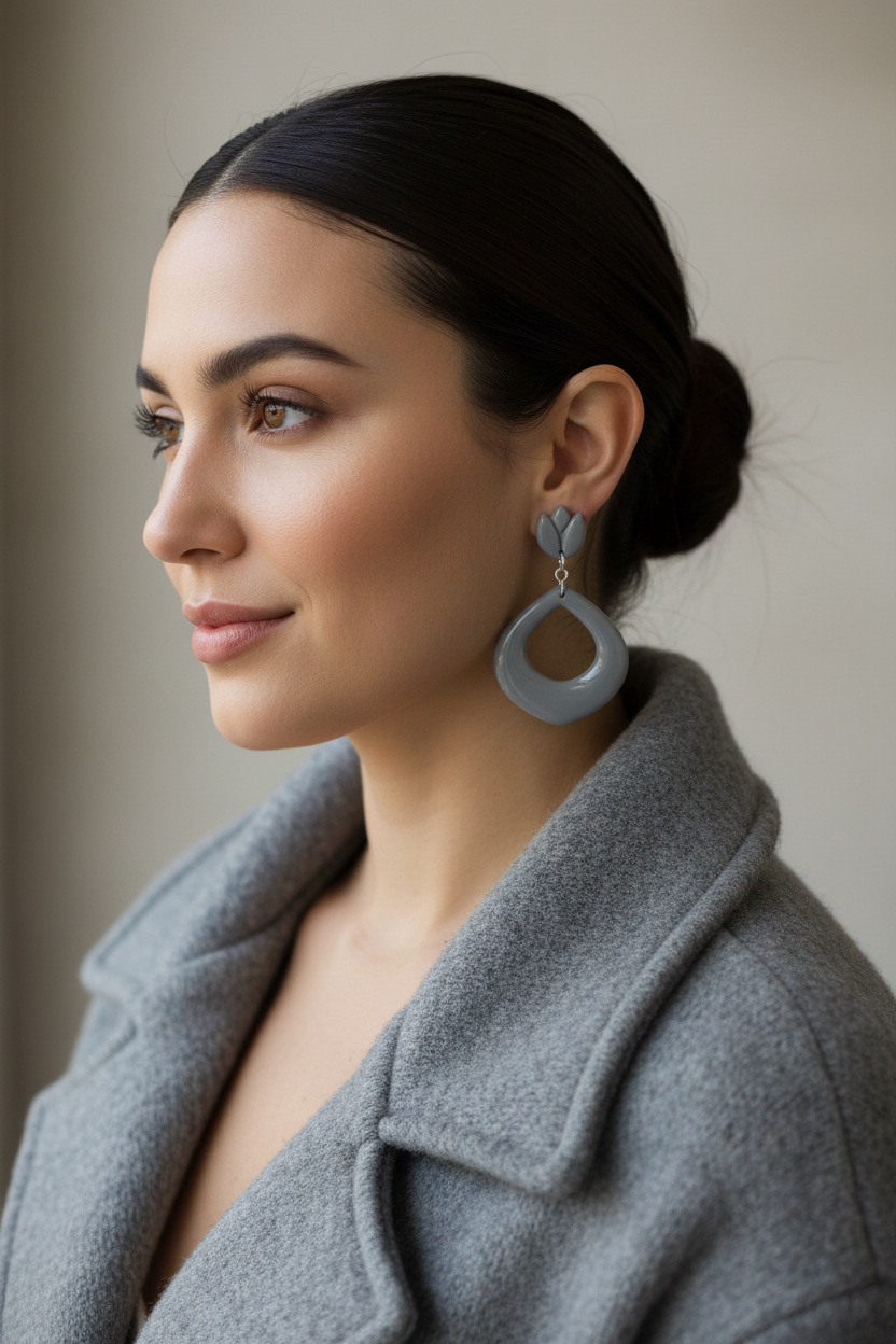 Model wearing Crafty Larder Tulip Loop Earrings in Vapor Blue — handmade polymer clay dangle earrings in cool muted grey-blue, styled with a cosy autumn winter knit