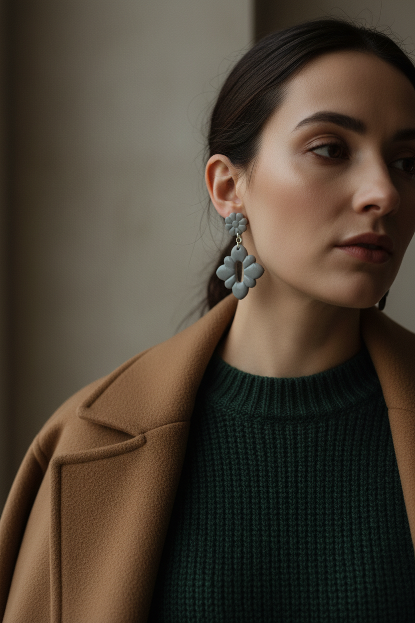 Model wearing Crafty Larder Gerbera Drop Earrings in Vapor Blue — handmade polymer clay dangle earrings in soft cool grey-blue, styled with a rich dark autumn winter outfit