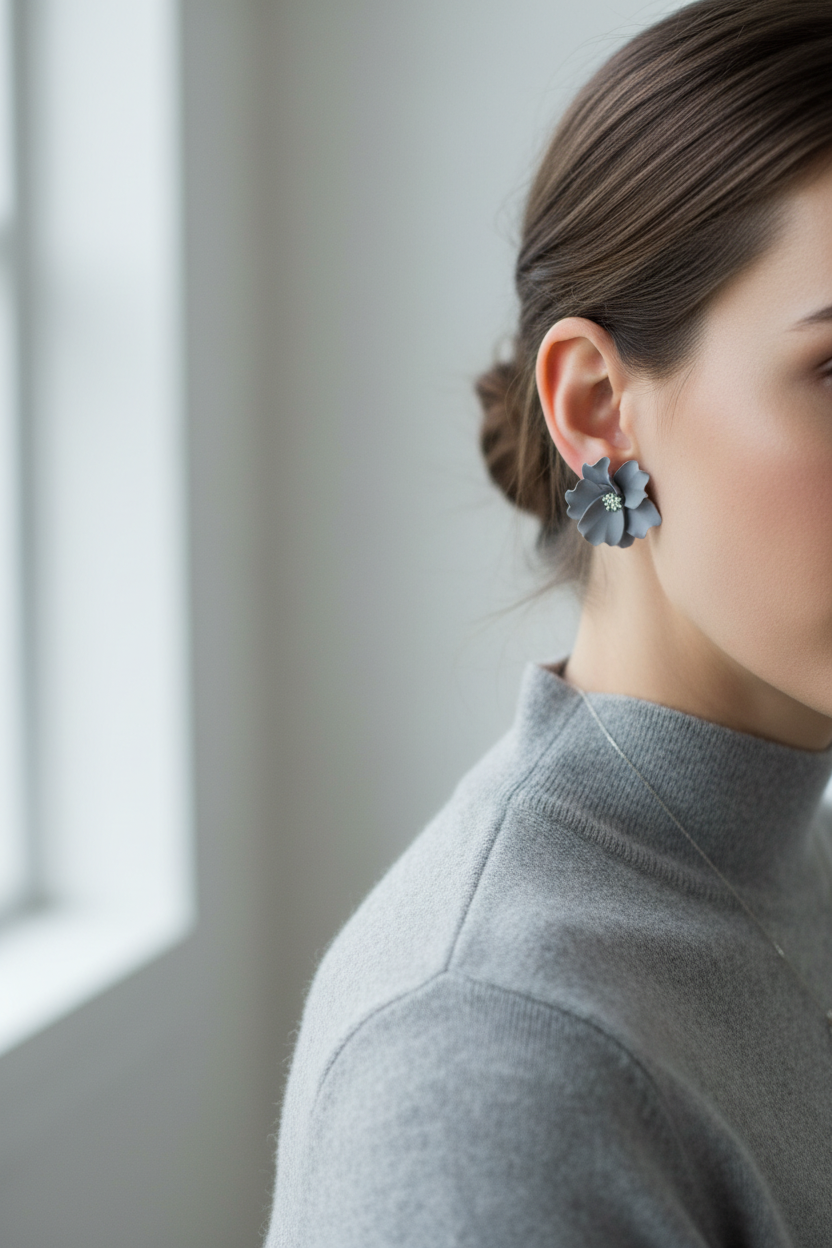 Woman wearing Autumn Petal Studs in Vapor Blue grey, large polymer clay floral studs with silver centre, handcrafted in New Zealand