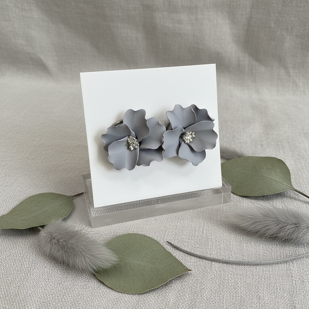 Autumn Petal Studs in Vapor Blue — handmade polymer clay floral stud earrings with silver stamen, displayed on white card with silver eucalyptus botanical styling