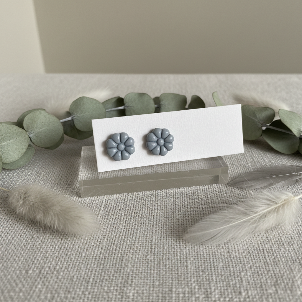 Dahlia Studs in Vapor Blue — handmade polymer clay 8-petal dahlia flower stud earrings, displayed on white card with soft grey botanical styling, handcrafted in New Zealand by Crafty Larder