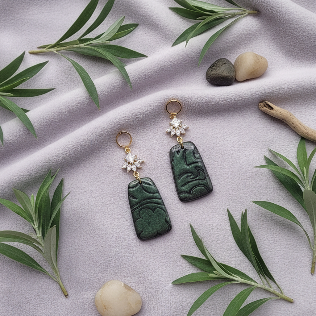 "Handmade polymer clay fob drop earrings with gold hollow circle stud posts, sparkling cubic zirconia snowflake connectors and dark green/emerald mica shimmer rectangular dangles"
