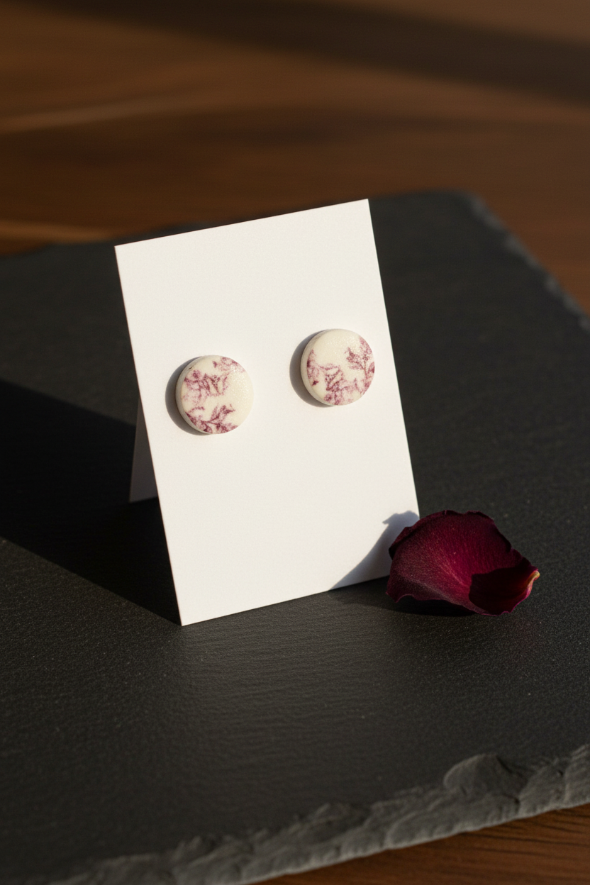 Handmade Vintage Rose earrings — small round polymer clay circle studs with detailed vintage botanical rose print in deep burgundy on cream, on white jewellery card propped on dark slate with dried rosebud