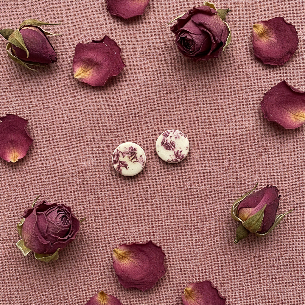 Overhead flat lay of Crafty Larder Vintage Rose earrings on burgundy linen with dried rose petals — small round polymer clay circle studs with detailed vintage botanical rose print in deep burgundy on cream