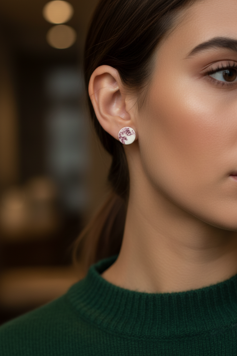 Close up of model wearing Crafty Larder Vintage Rose earrings — small round polymer clay circle studs with detailed vintage botanical rose print in deep burgundy on cream