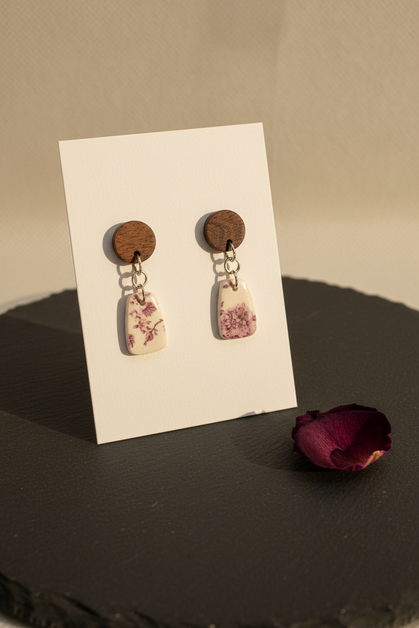 Handmade Vintage Rose earrings — round dark wood stud with small shield-shaped clay drop featuring sparse delicate vintage botanical rose print in dark wine on cream, on white jewellery card propped on dark slate with dried rosebud