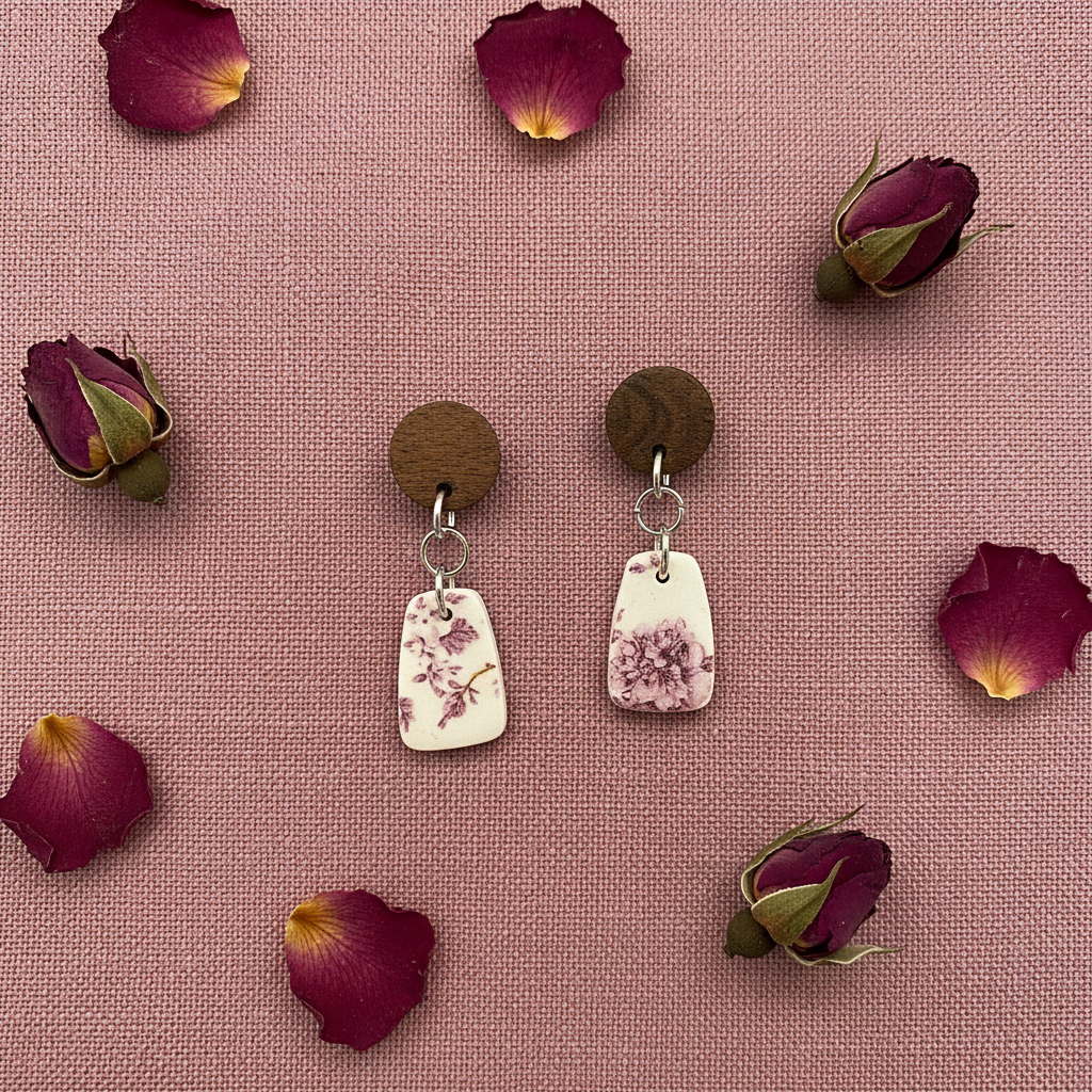 Overhead flat lay of Crafty Larder Vintage Rose earrings on burgundy linen with dried rose petals — round dark wood stud with small shield-shaped clay drop featuring sparse delicate vintage botanical rose print in dark wine on cream