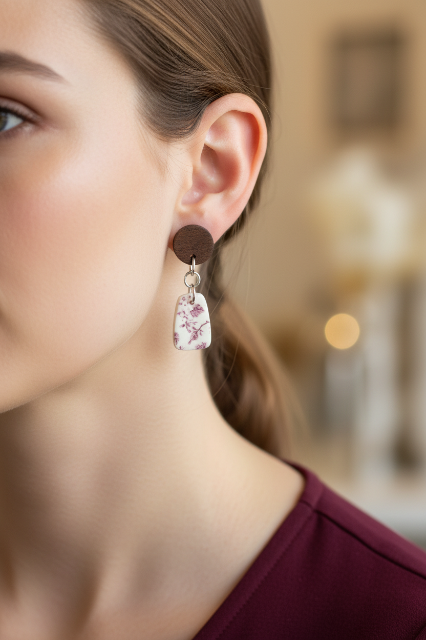 Close up of model wearing Crafty Larder Vintage Rose earrings — round dark wood stud with small shield-shaped clay drop featuring sparse delicate vintage botanical rose print in dark wine on cream