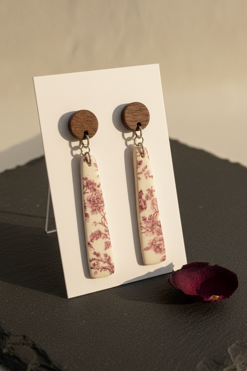 Handmade Vintage Rose earrings — round dark wood stud with long slim tapered clay drop featuring vintage botanical rose print in dusty mauve and wine on cream, on white jewellery card propped on dark slate with dried rosebud