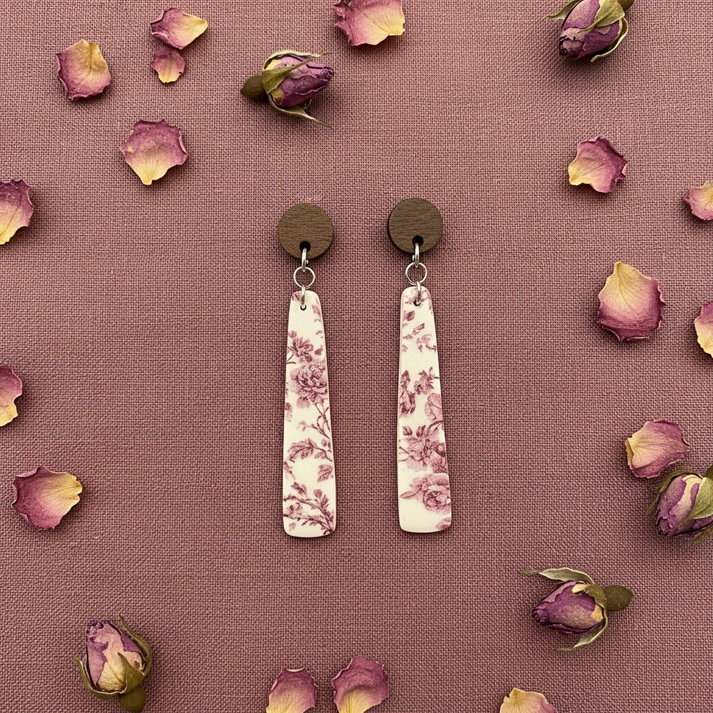 Overhead flat lay of Crafty Larder Vintage Rose earrings on burgundy linen with dried rose petals — round dark wood stud with long slim tapered clay drop featuring vintage botanical rose print in dusty mauve and wine on cream