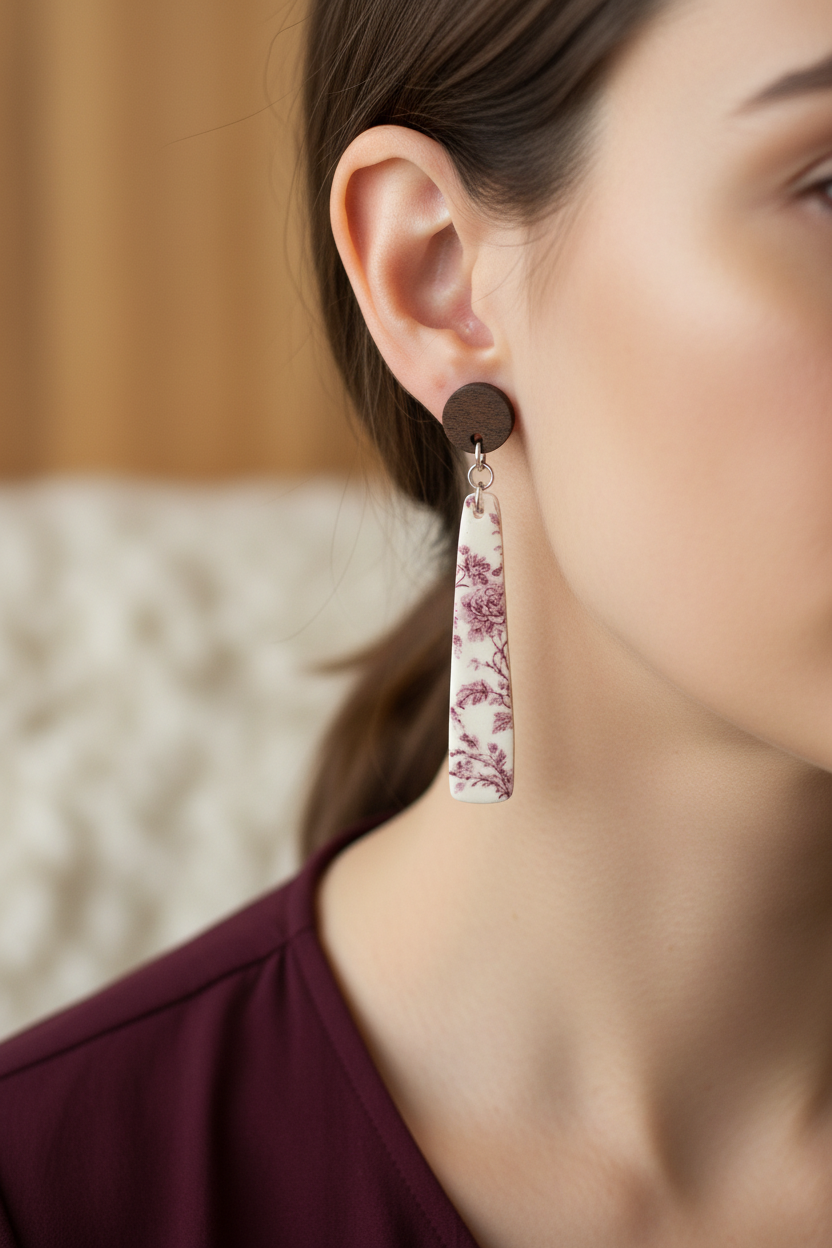 Close up of model wearing Crafty Larder Vintage Rose earrings — round dark wood stud with long slim tapered clay drop featuring vintage botanical rose print in dusty mauve and wine on cream