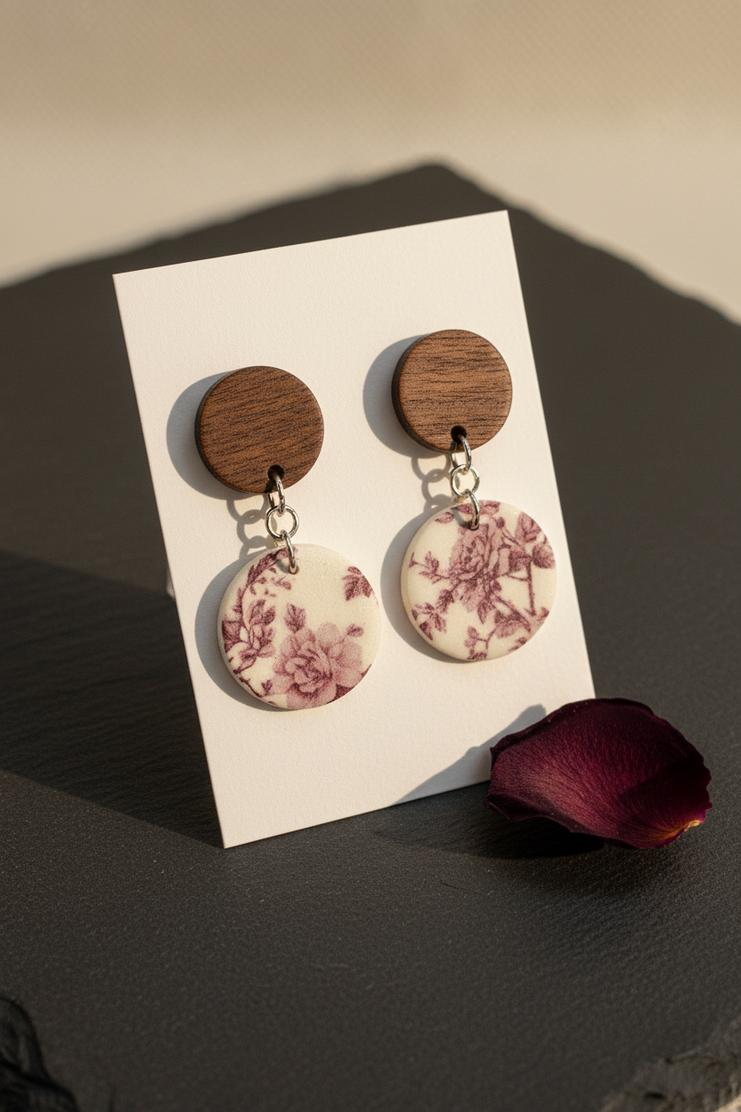 Handmade Vintage Rose earrings — large round dark wood stud with large circle clay drop featuring vintage botanical rose print in dusty mauve and wine on cream, on white jewellery card propped on dark slate with dried rosebud