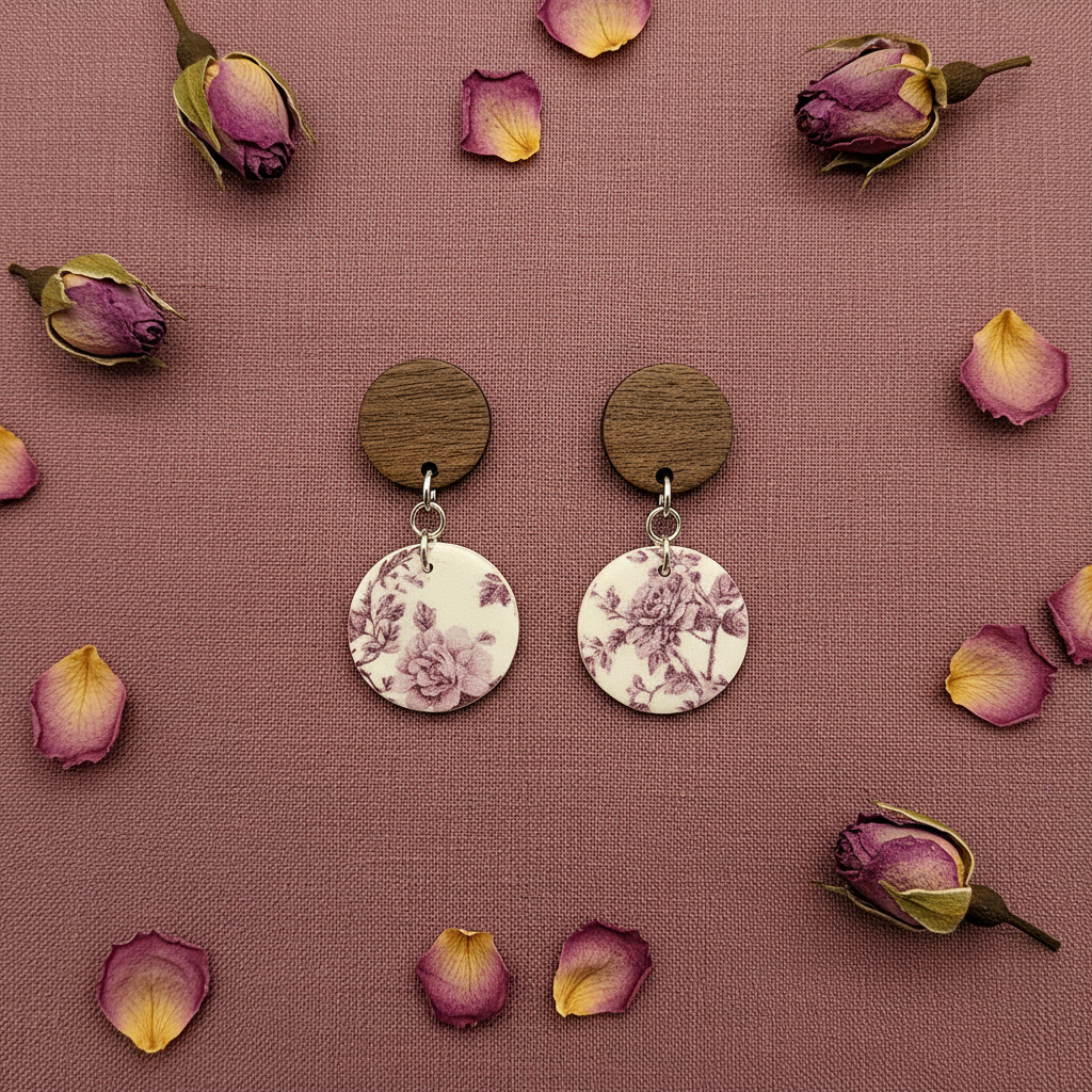 Overhead flat lay of Crafty Larder Vintage Rose earrings on burgundy linen with dried rose petals — large round dark wood stud with large circle clay drop featuring vintage botanical rose print in dusty mauve and wine on cream