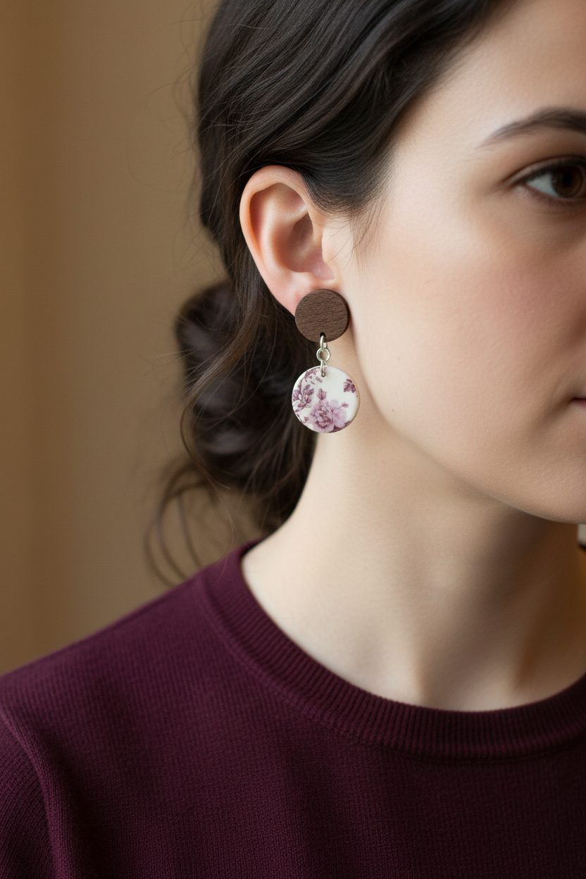 Close up of model wearing Crafty Larder Vintage Rose earrings — large round dark wood stud with large circle clay drop featuring vintage botanical rose print in dusty mauve and wine on cream