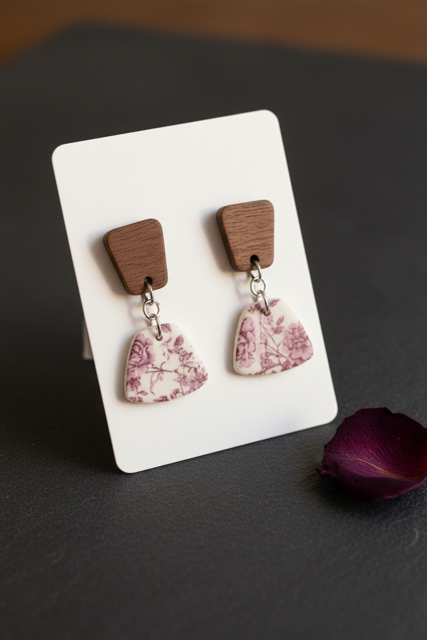 Handmade Vintage Rose earrings — trapezoid dark wood stud with chunky shield-shaped clay drop featuring vintage botanical rose print in dusty mauve and wine on cream, on white jewellery card propped on dark slate with dried rosebud