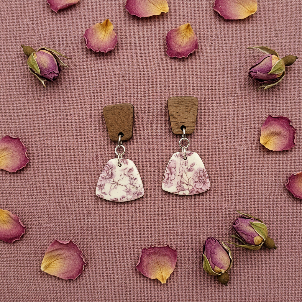 Overhead flat lay of Crafty Larder Vintage Rose earrings on burgundy linen with dried rose petals — trapezoid dark wood stud with chunky shield-shaped clay drop featuring vintage botanical rose print in dusty mauve and wine on cream