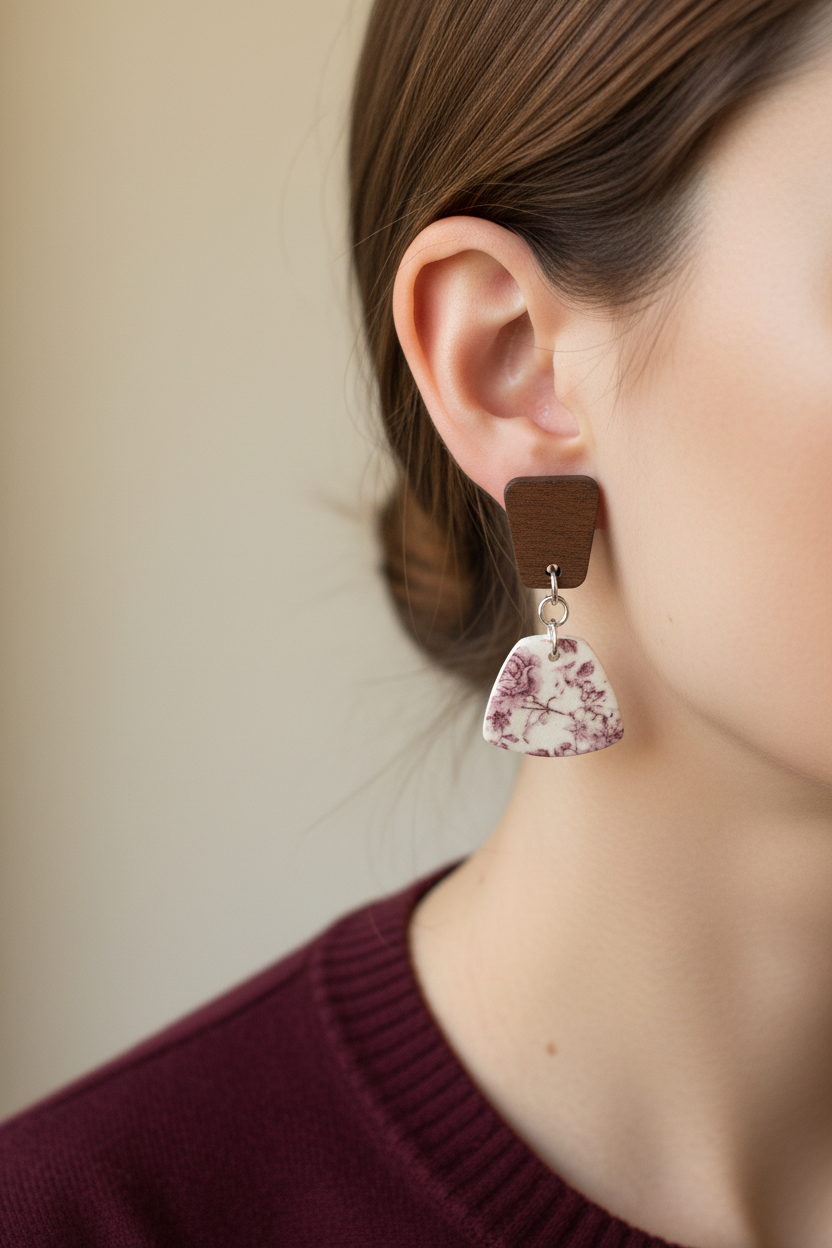 Close up of model wearing Crafty Larder Vintage Rose earrings — trapezoid dark wood stud with chunky shield-shaped clay drop featuring vintage botanical rose print in dusty mauve and wine on cream