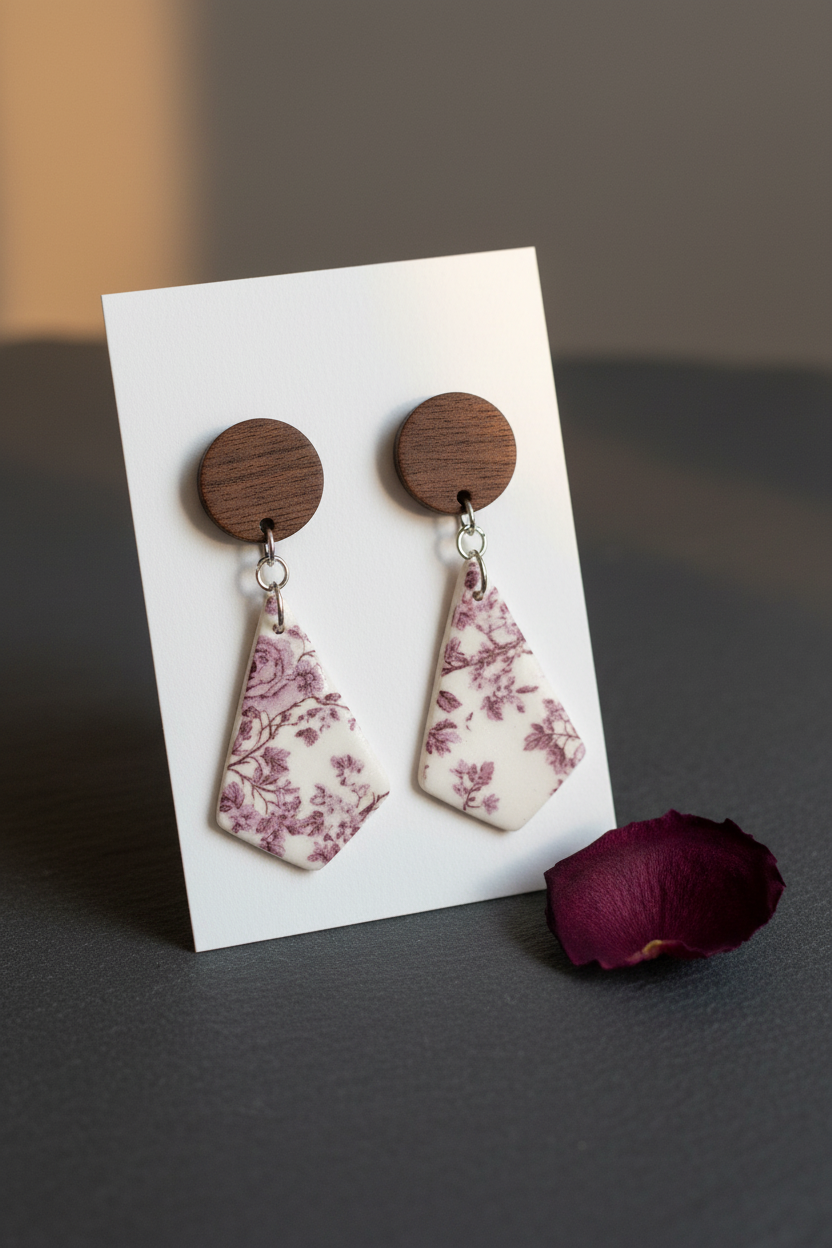 Handmade Vintage Rose earrings — round dark wood stud with large kite-shaped clay drop featuring vintage botanical rose print in dusty mauve and wine on cream, on white jewellery card propped on dark slate with dried rosebud