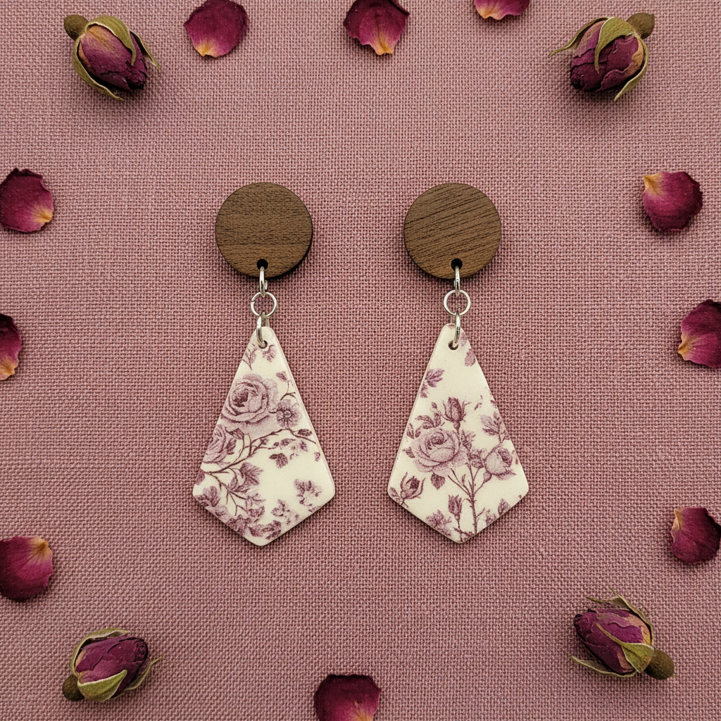 Overhead flat lay of Crafty Larder Vintage Rose earrings on burgundy linen with dried rose petals — round dark wood stud with large kite-shaped clay drop featuring vintage botanical rose print in dusty mauve and wine on cream"
