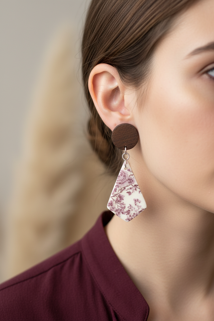Close up of model wearing Crafty Larder Vintage Rose earrings — round dark wood stud with large kite-shaped clay drop featuring vintage botanical rose print in dusty mauve and wine on cream