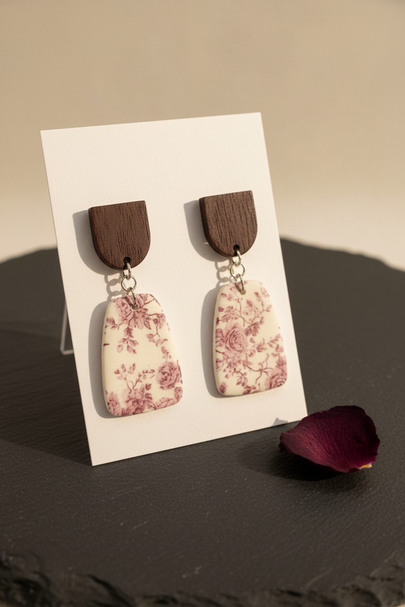 Handmade Vintage Rose earrings — arch dark wood stud with chunky rounded trapezoid clay drop featuring vintage botanical rose print in dusty mauve and wine on cream, on white jewellery card propped on dark slate with dried rosebud