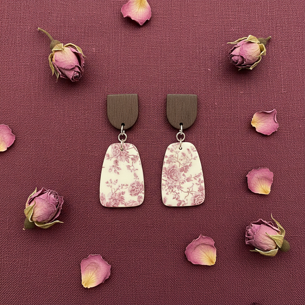 Overhead flat lay of Crafty Larder Vintage Rose earrings on burgundy linen with dried rose petals — arch dark wood stud with chunky rounded trapezoid clay drop featuring vintage botanical rose print in dusty mauve and wine on cream