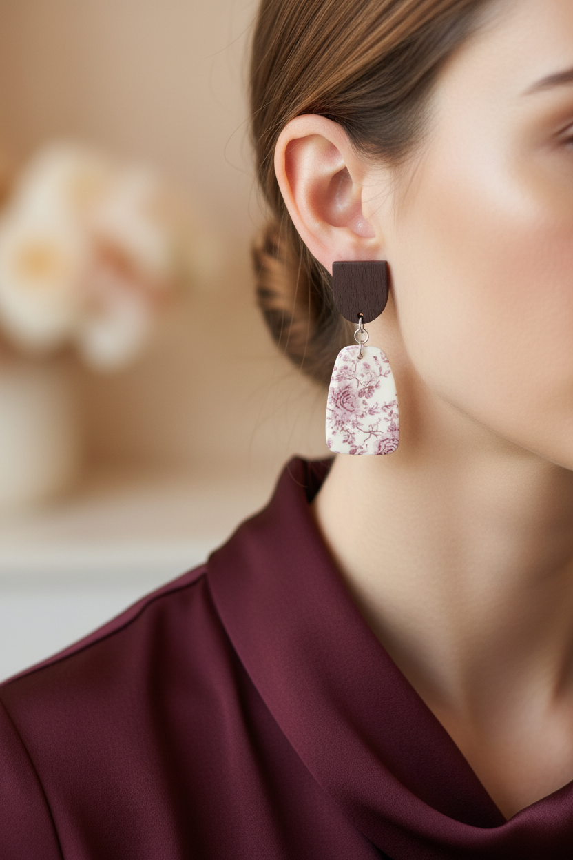 Close up of model wearing Crafty Larder Vintage Rose earrings — arch dark wood stud with chunky rounded trapezoid clay drop featuring vintage botanical rose print in dusty mauve and wine on cream
