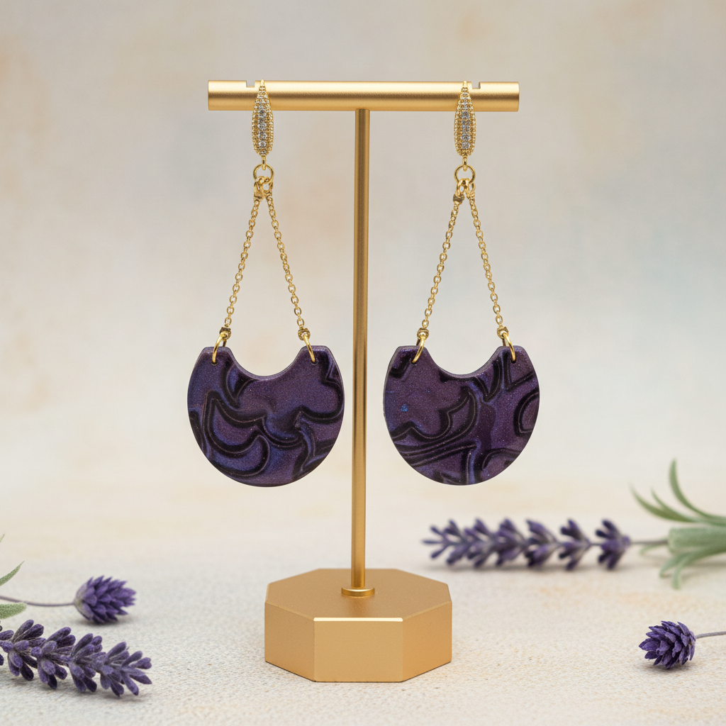 "Handmade polymer clay arc drop earrings with gold textured bar stud posts, long gold chain arcs and deep purple/violet mica shimmer half-moon dangles"