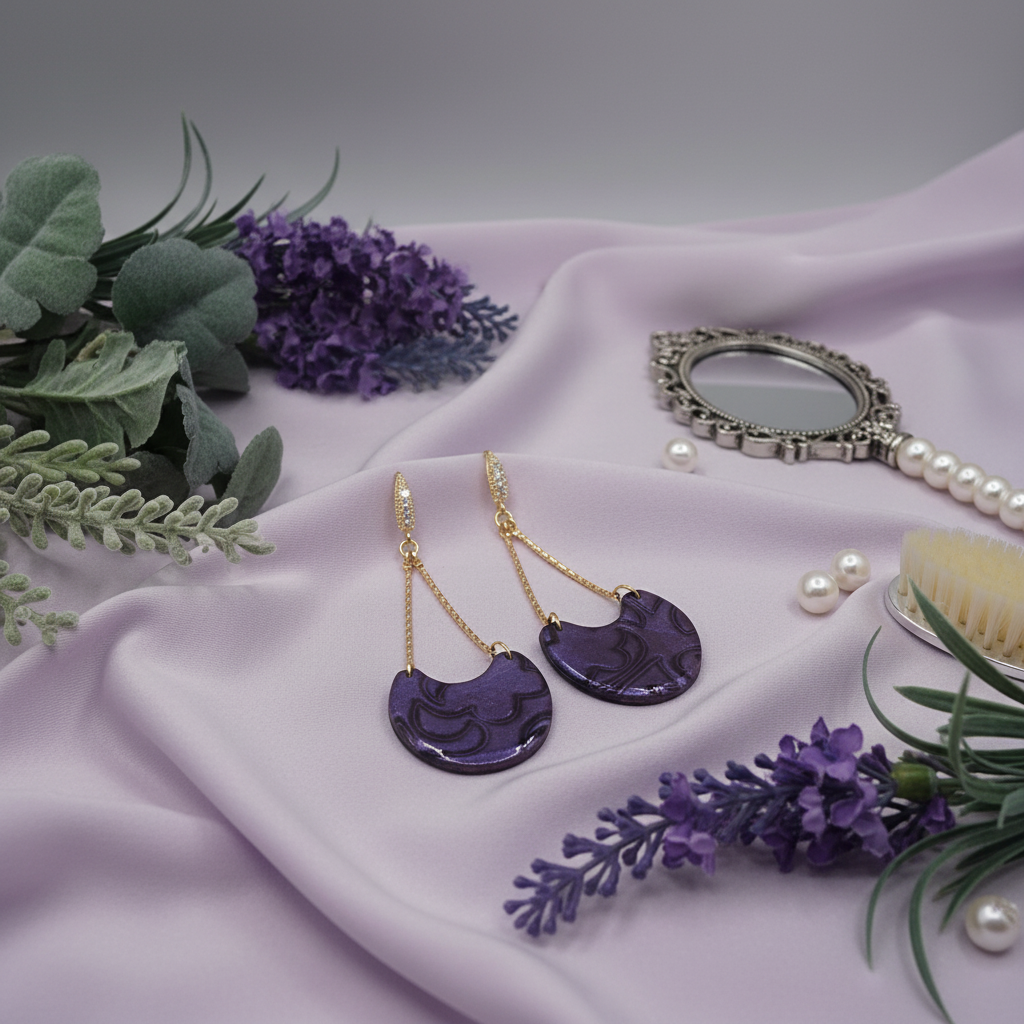 "Handmade polymer clay arc drop earrings with gold textured bar stud posts, long gold chain arcs and deep purple/violet mica shimmer half-moon dangles"