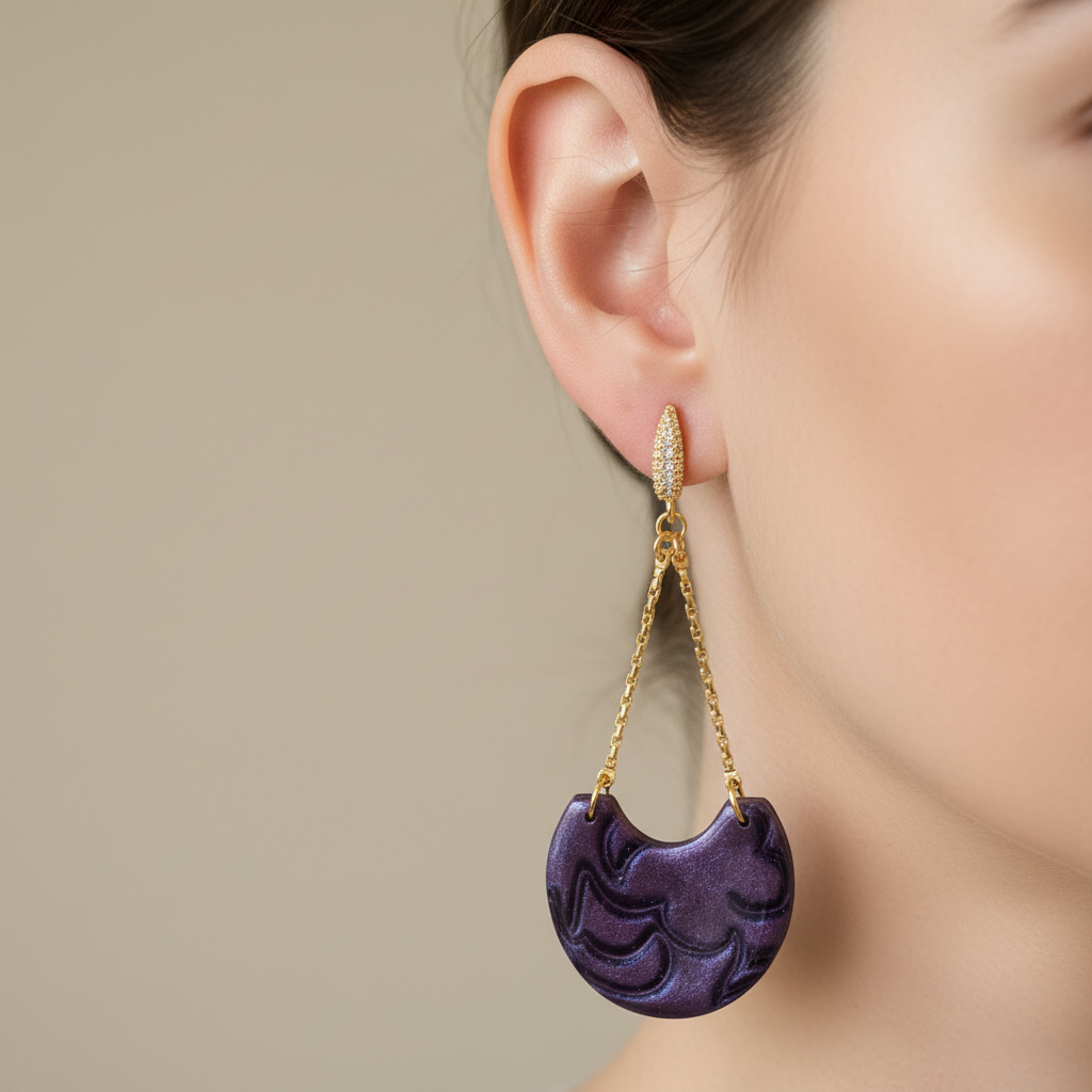 "Handmade polymer clay arc drop earrings with gold textured bar stud posts, long gold chain arcs and deep purple/violet mica shimmer half-moon dangles"