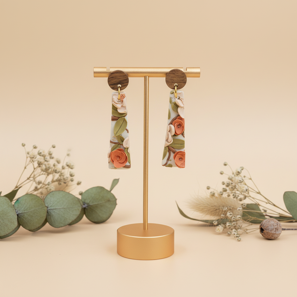 "Handmade 3D polymer clay floral fob earrings with walnut stud posts, cream/peach roses and sage green leaves"