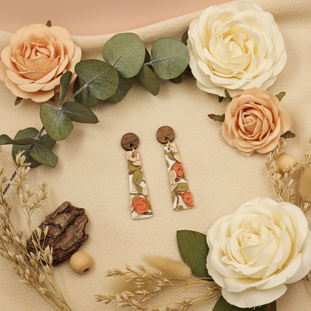"Handmade 3D polymer clay floral fob earrings with walnut stud posts, cream/peach roses and sage green leaves"