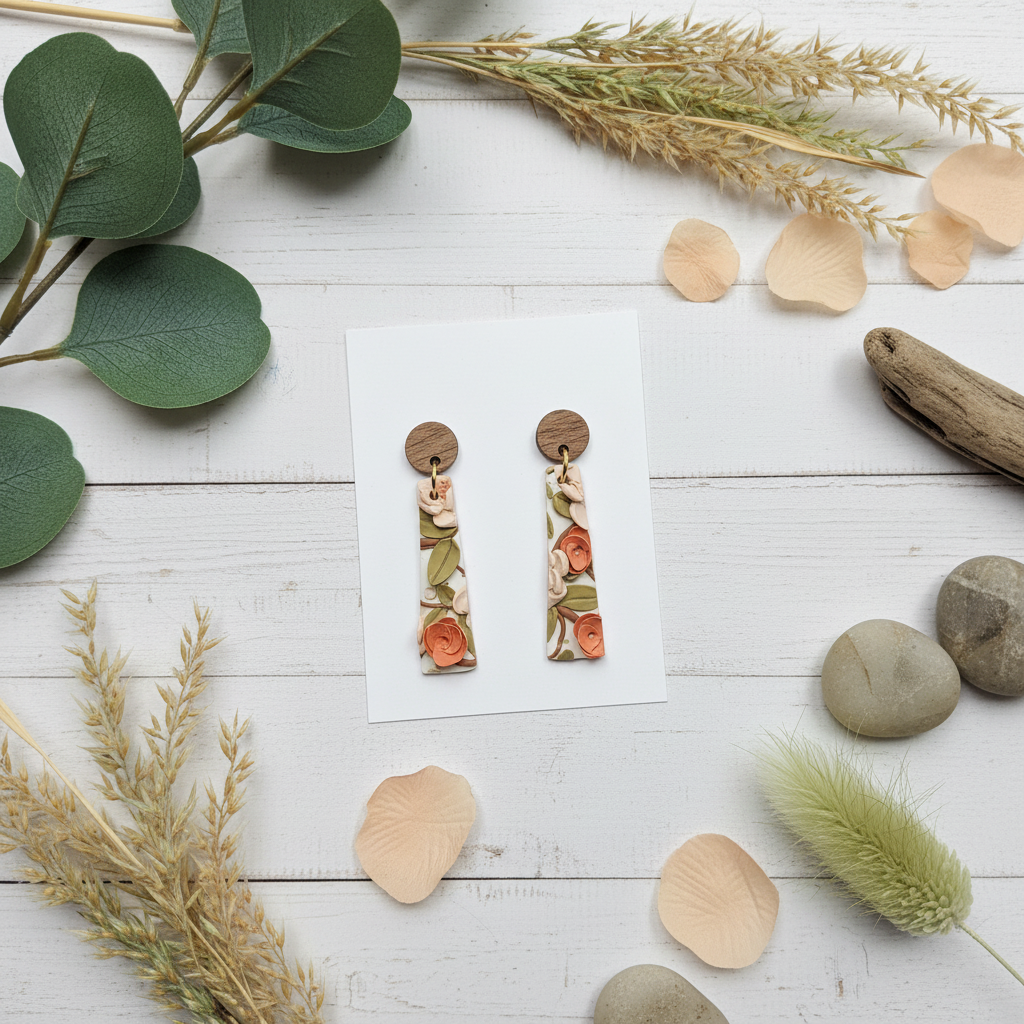 "Handmade 3D polymer clay floral fob earrings with walnut stud posts, cream/peach roses and sage green leaves"