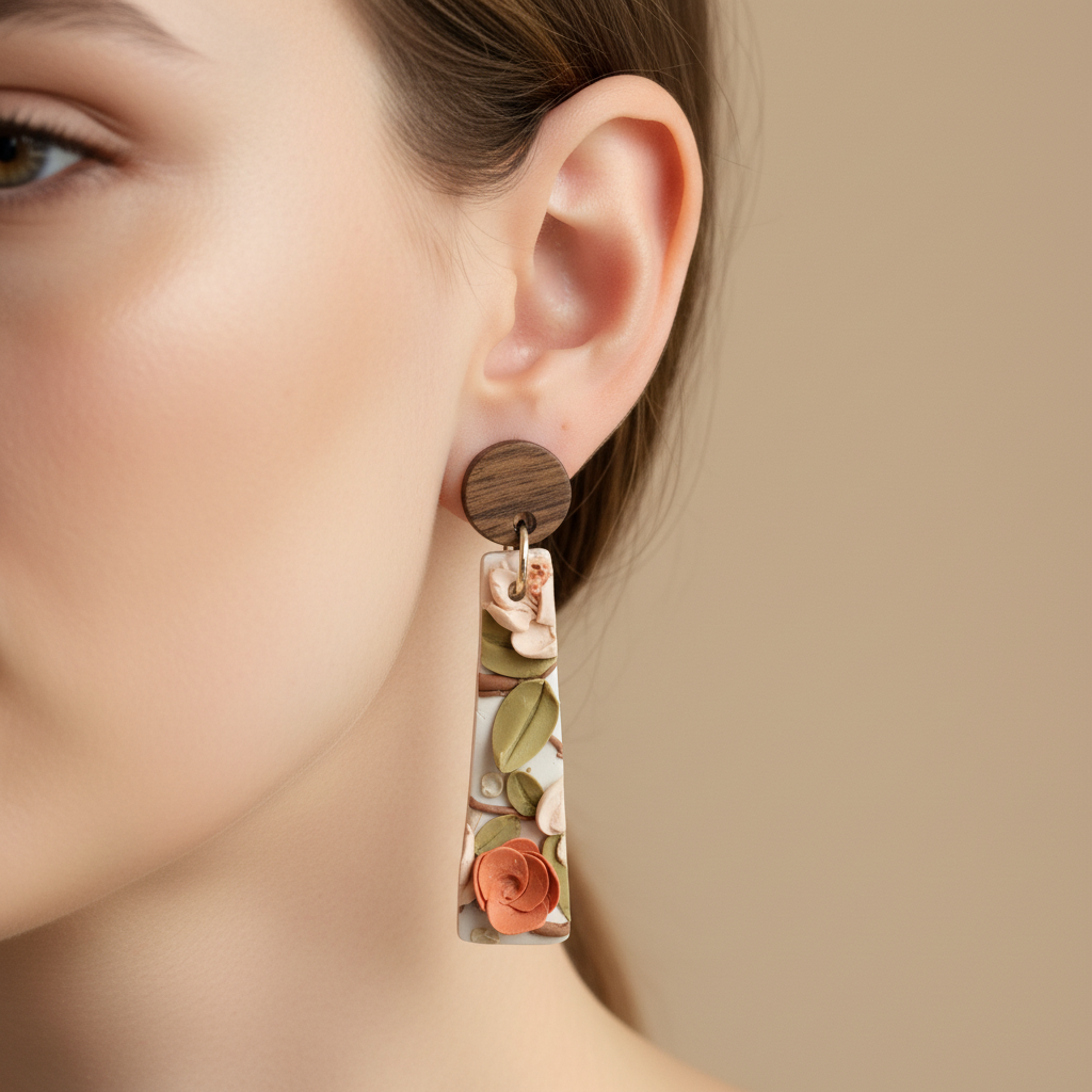 "Handmade 3D polymer clay floral fob earrings with walnut stud posts, cream/peach roses and sage green leaves"