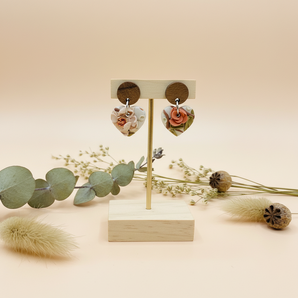  "Handmade polymer clay walnut floral heart earrings with 3D roses and sage green leaves"