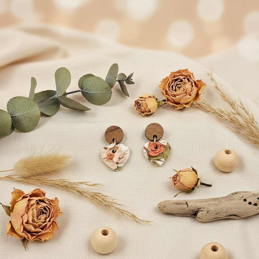  "Handmade polymer clay walnut floral heart earrings with 3D roses and sage green leaves"