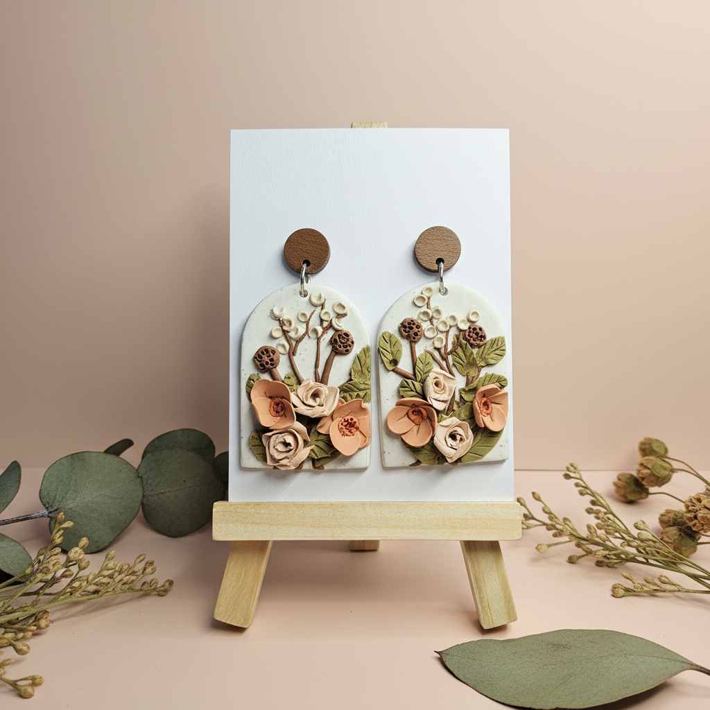  "Handmade polymer clay walnut floral statement earrings with 3D roses, sage green leaves and brown berry accents"