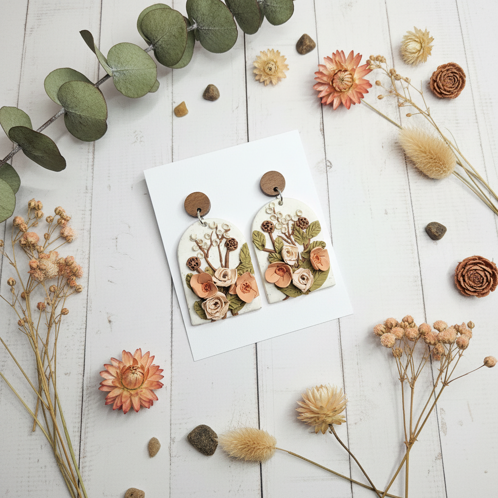  "Handmade polymer clay walnut floral statement earrings with 3D roses, sage green leaves and brown berry accents"