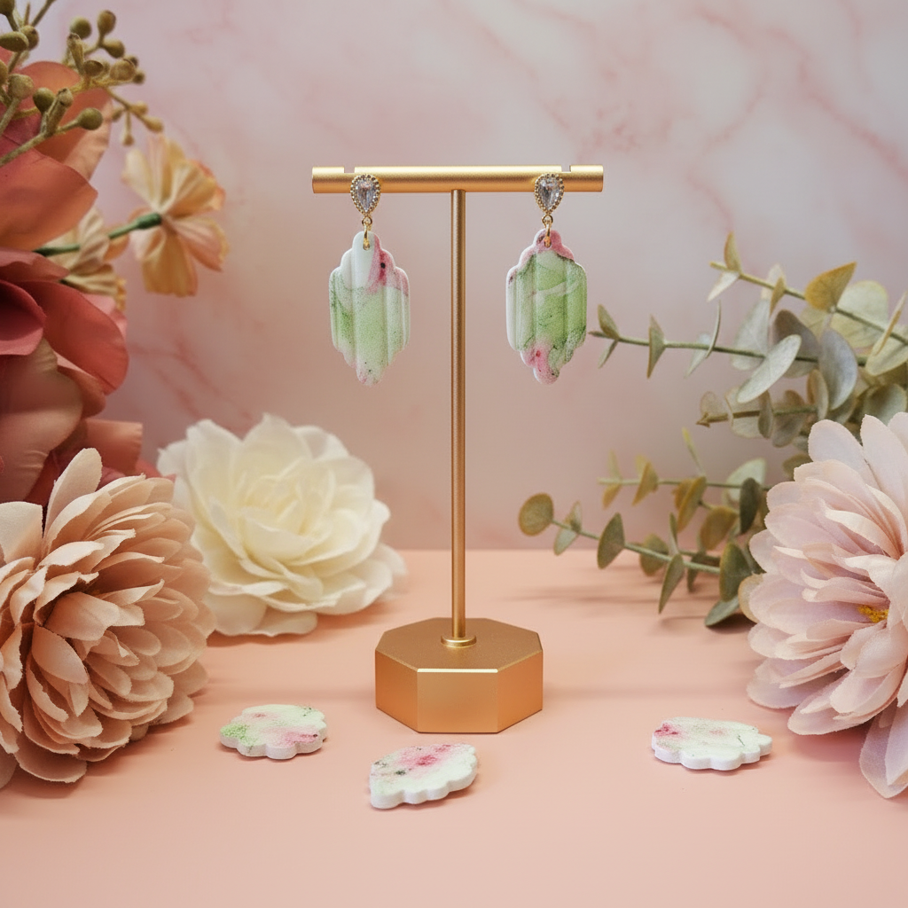 "Handmade polymer clay watercolour floral geometric dangle earrings with sparkling cubic zirconia studs - available in two colour variations (soft green/pink or bright lime green) - buyers receive one random pair"