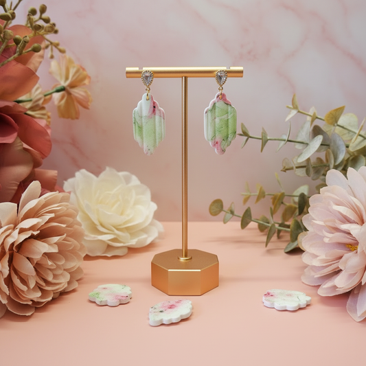 "Handmade polymer clay watercolour floral geometric dangle earrings with sparkling cubic zirconia studs - available in two colour variations (soft green/pink or bright lime green) - buyers receive one random pair"