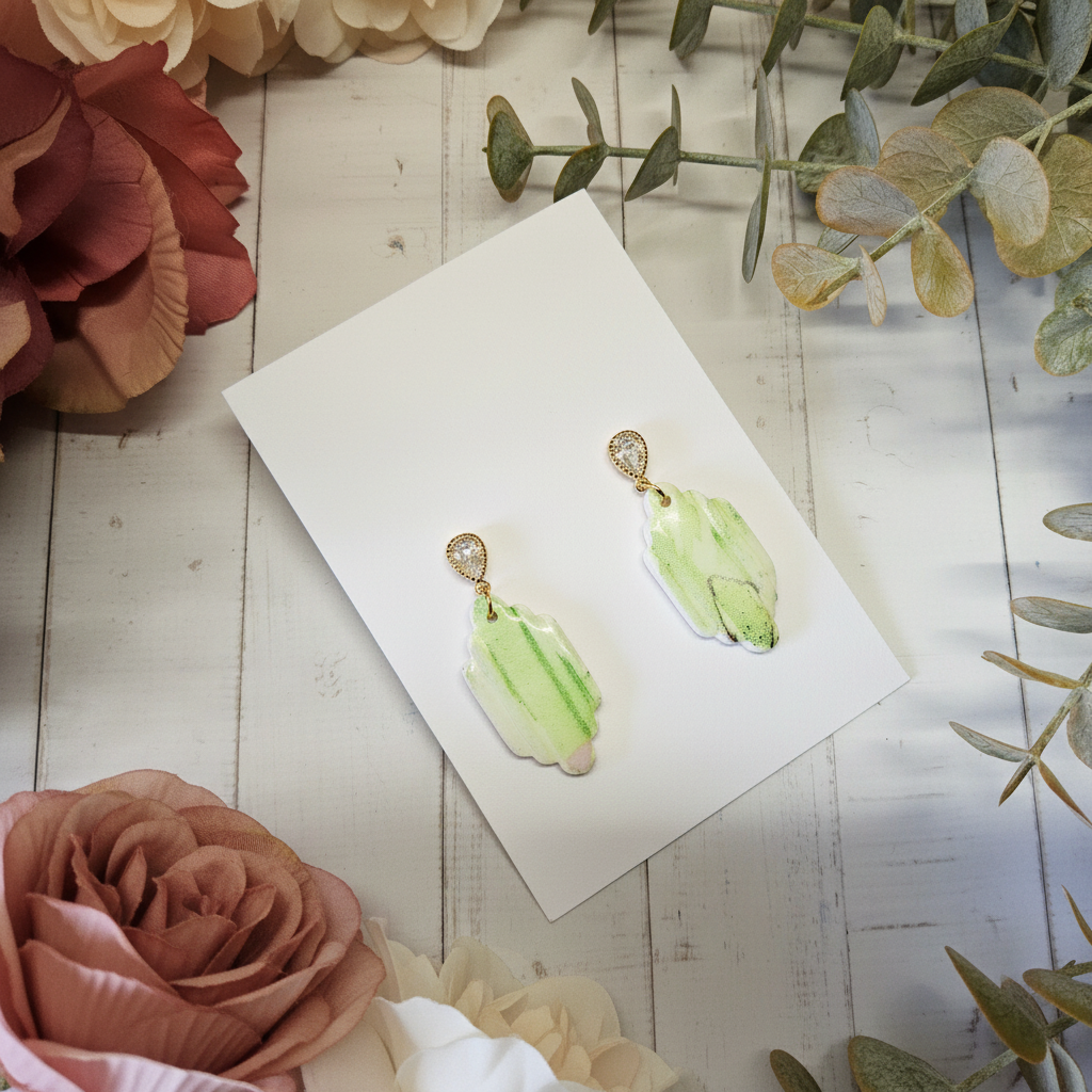"Handmade polymer clay watercolour floral geometric dangle earrings with sparkling cubic zirconia studs - available in two colour variations (soft green/pink or bright lime green) - buyers receive one random pair"