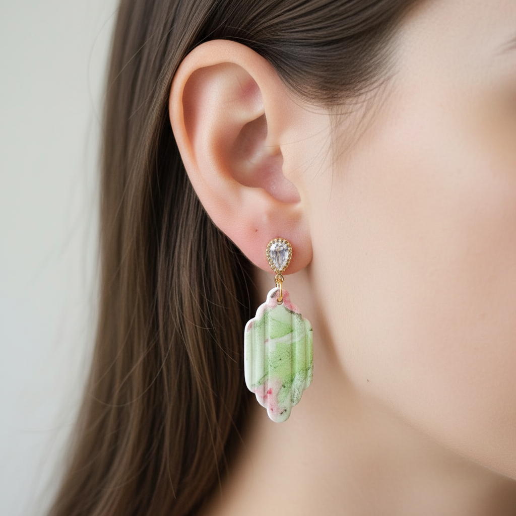 "Handmade polymer clay watercolour floral geometric dangle earrings with sparkling cubic zirconia studs - available in two colour variations (soft green/pink or bright lime green) - buyers receive one random pair"