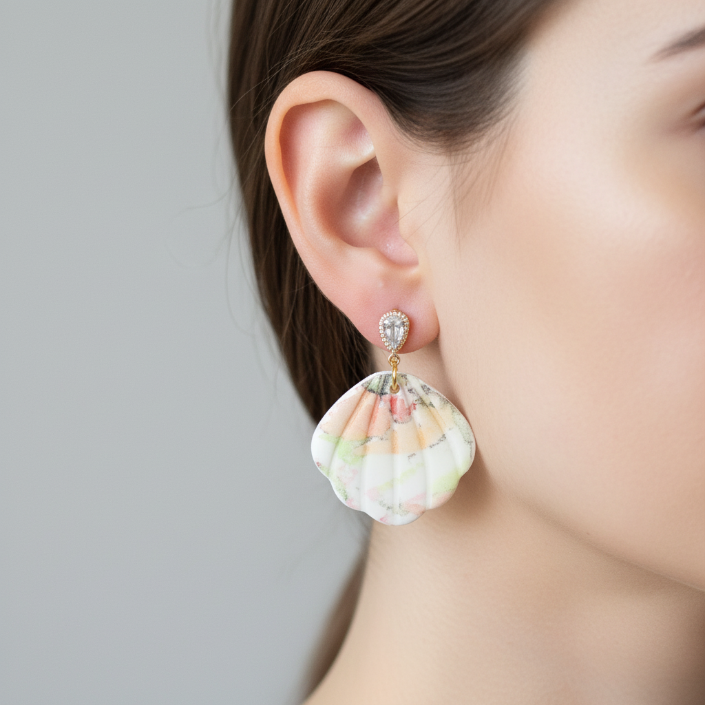 "Handmade polymer clay watercolour floral shell dangle earrings with sparkling cubic zirconia studs in soft pastel pink, peach, yellow and green tones"