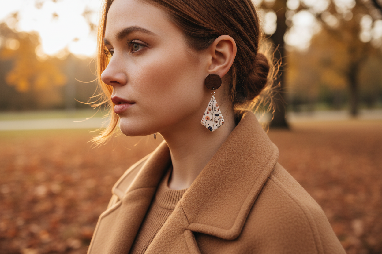 Model wearing Crafty Larder Wild Stem statement earrings in an autumn setting — round dark wood stud with large diamond drop featuring meadow wildflower print in navy, rust and peach on cream, styled with a camel wool coat
