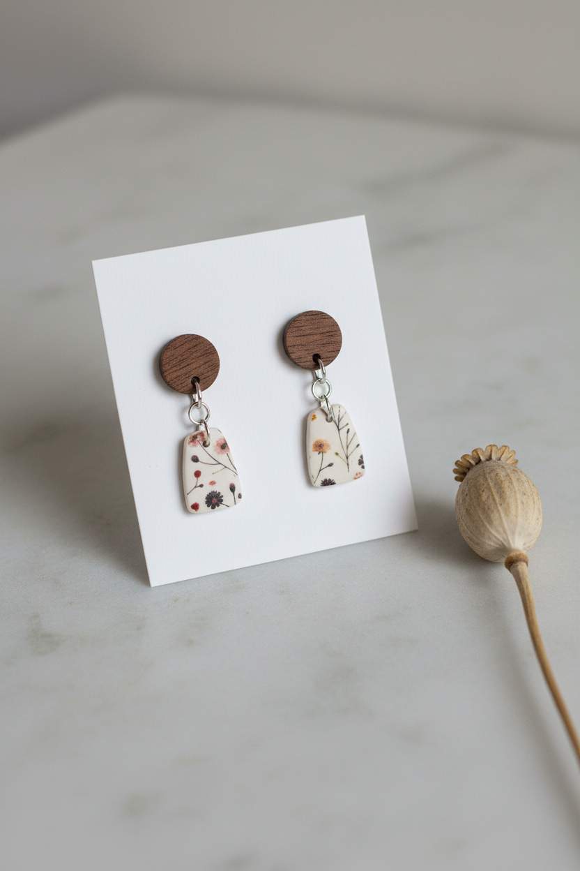Handmade Wild Stem earrings — round dark wood stud with small botanical print trapezoid clay drop, wispy stems and wildflowers on cream, stainless steel findings, on white jewellery card on stone surface