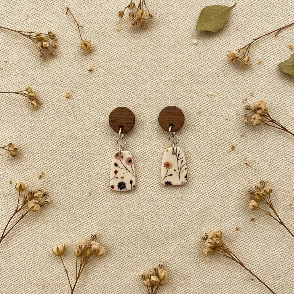 Overhead flat lay of Crafty Larder Wild Stem earrings on cream linen with dried botanicals — round dark wood stud with small botanical print trapezoid clay drop, 